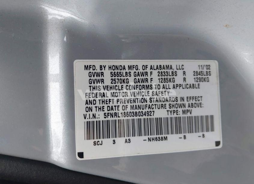 Photo 9 of 2003 Honda Odyssey EX (VIN 5FNRL18603B034927)