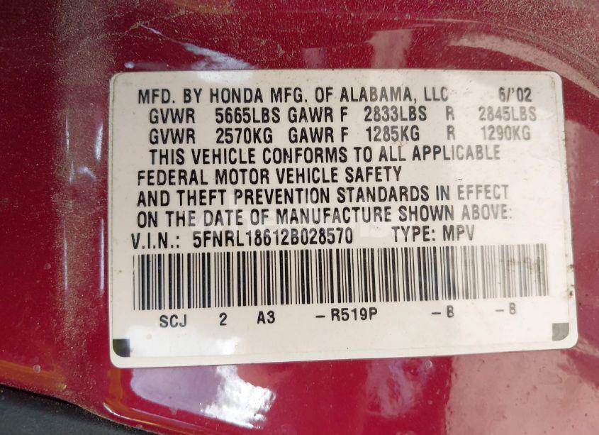 Photo 9 of 2002 Honda Odyssey EX (VIN 5FNRL18612B028570)