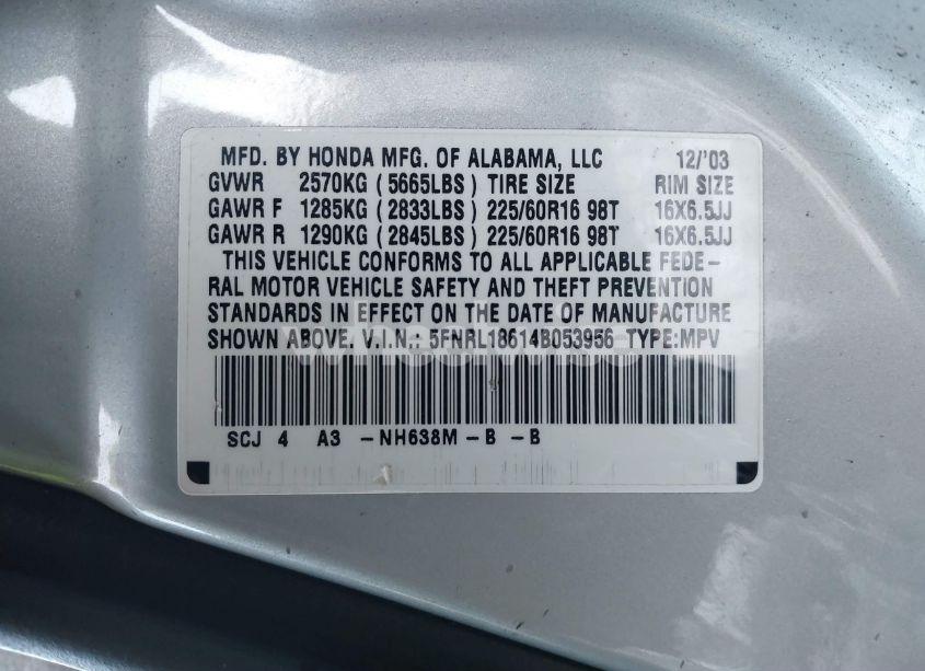 Photo 9 of 2004 Honda Odyssey EX (VIN 5FNRL18614B053956)