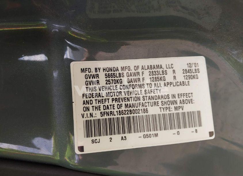 Photo 9 of 2002 Honda Odyssey EX (VIN 5FNRL18622B002186)