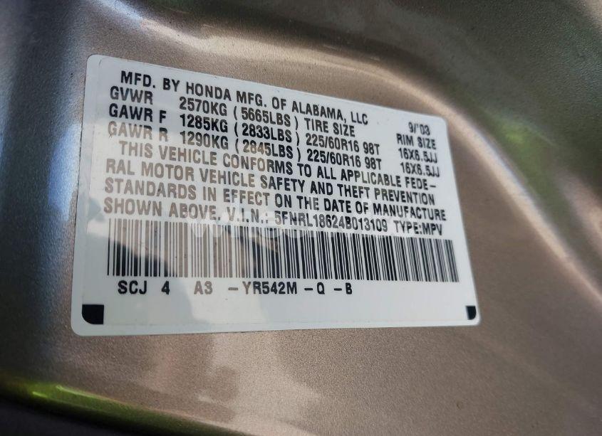 Photo 9 of 2004 Honda Odyssey EX (VIN 5FNRL18624B013109)