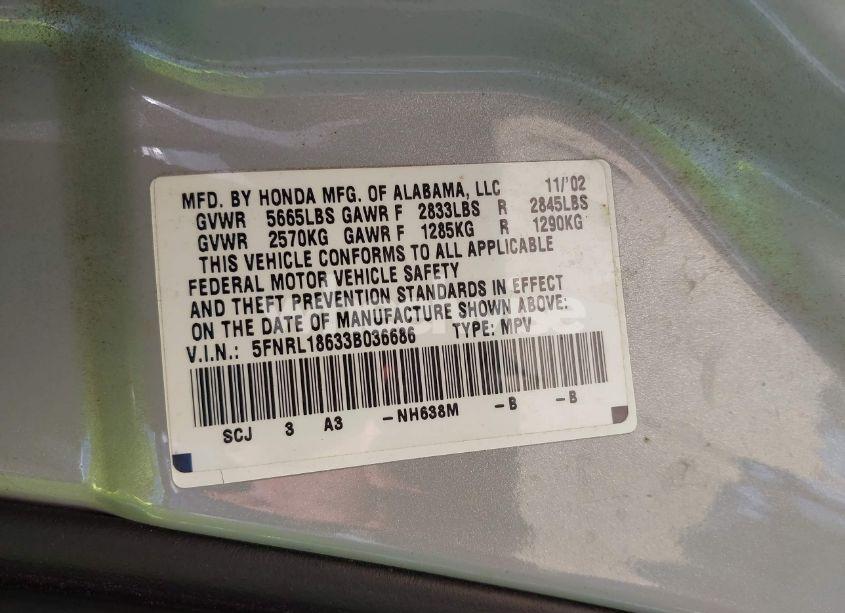 Photo 9 of 2003 Honda Odyssey EX (VIN 5FNRL18633B036686)