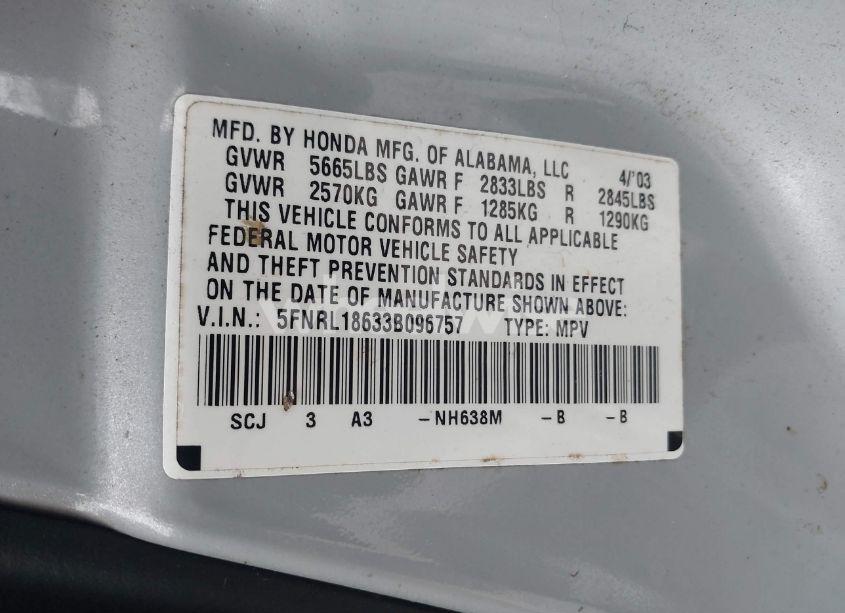 Photo 9 of 2003 Honda Odyssey EX (VIN 5FNRL18633B096757)