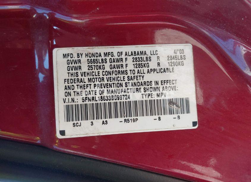 Photo 9 of 2003 Honda Odyssey EX (VIN 5FNRL18633B099724)