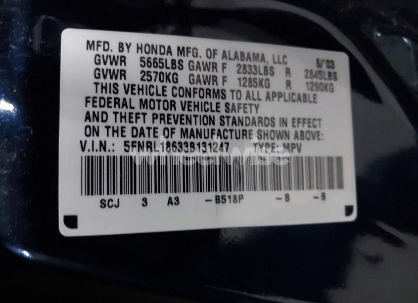 Photo 9 of 2003 Honda Odyssey EX (VIN 5FNRL18633B131247)
