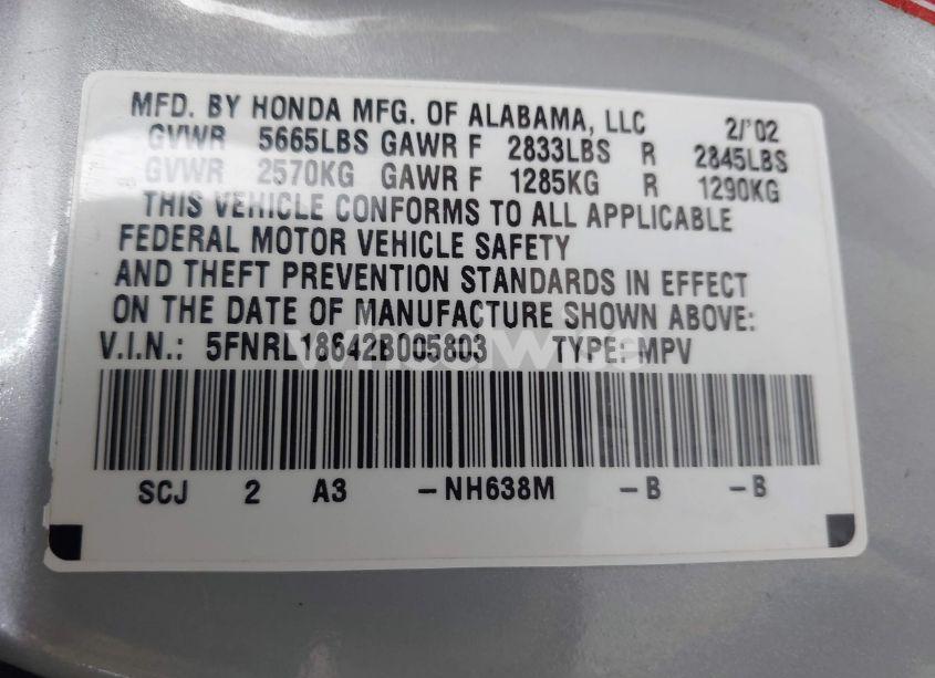 Photo 9 of 2002 Honda Odyssey EX (VIN 5FNRL18642B005803)