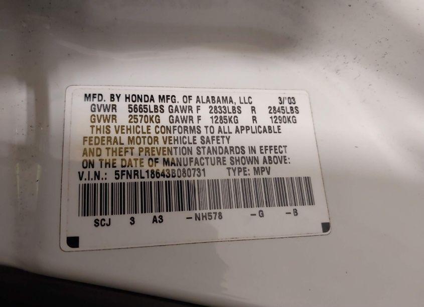 Photo 9 of 2003 Honda Odyssey EX (VIN 5FNRL18643B080731)