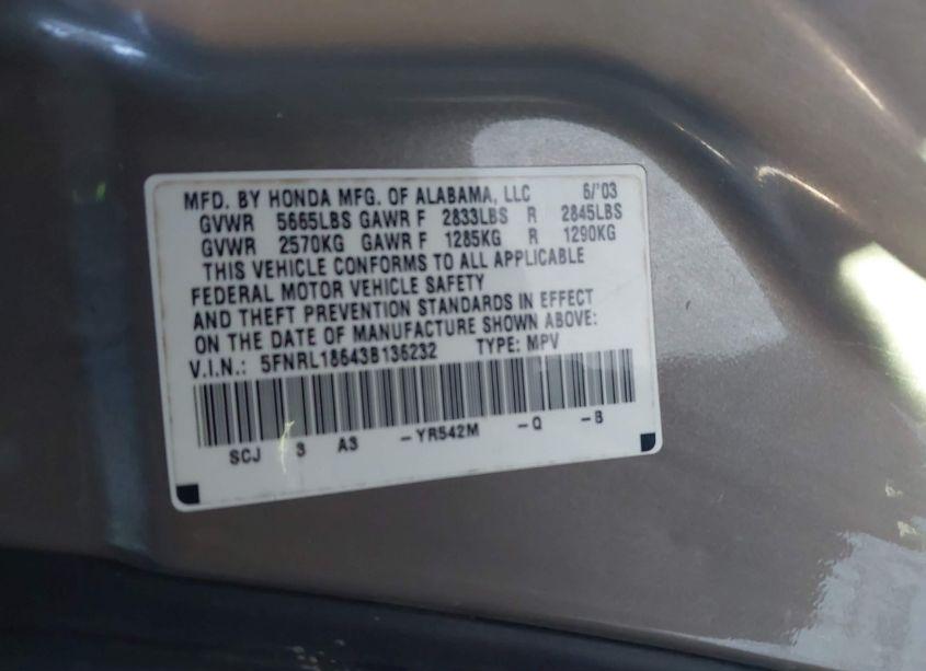 Photo 9 of 2003 Honda Odyssey EX (VIN 5FNRL18643B136232)