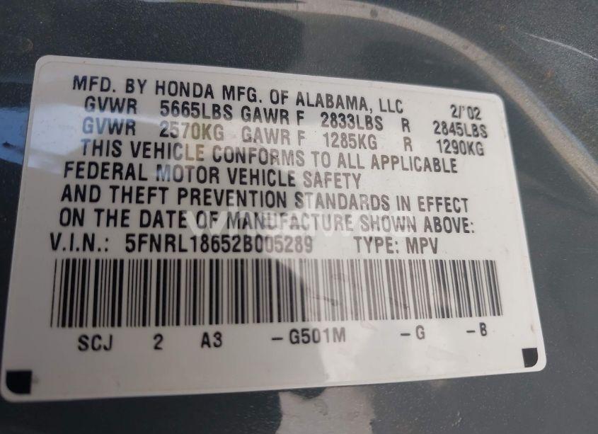 Photo 9 of 2002 Honda Odyssey EX (VIN 5FNRL18652B005289)