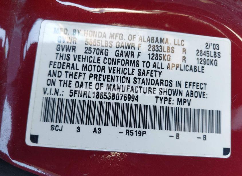 Photo 9 of 2003 Honda Odyssey EX (VIN 5FNRL18653B076994)