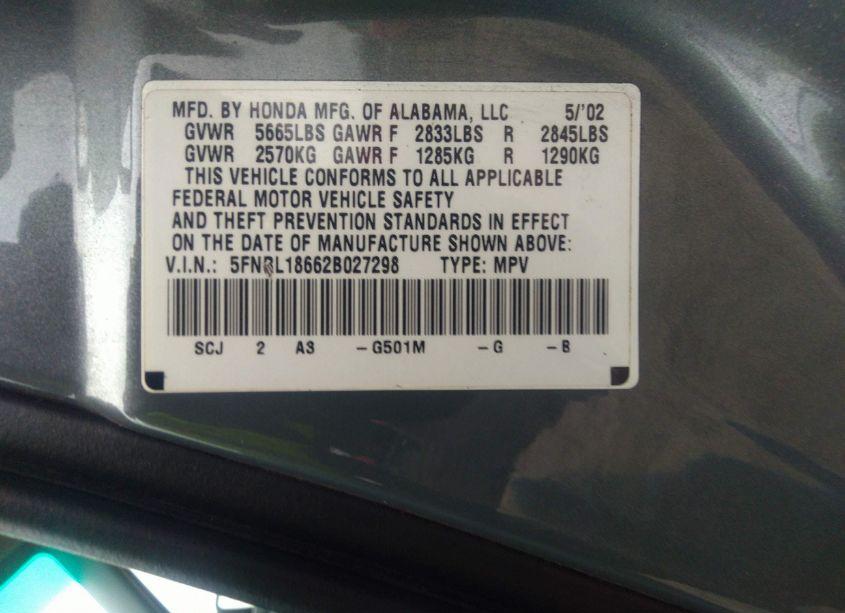 Photo 9 of 2002 Honda Odyssey EX (VIN 5FNRL18662B027298)