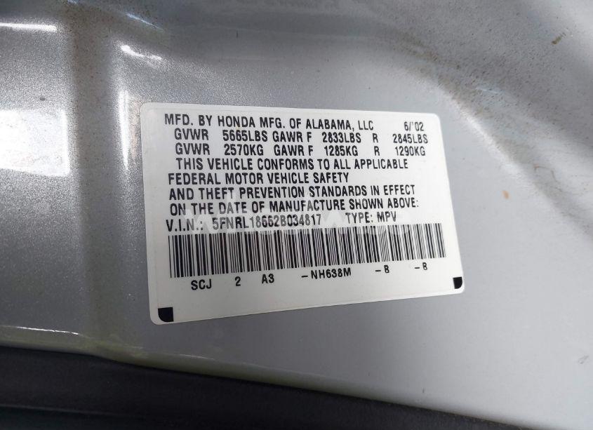 Photo 9 of 2002 Honda Odyssey EX (VIN 5FNRL18662B034817)