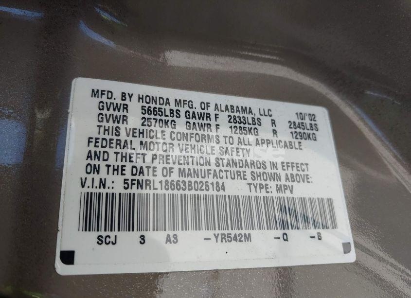 Photo 9 of 2003 Honda Odyssey EX (VIN 5FNRL18663B026184)