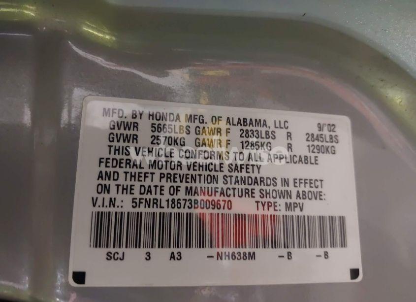 Photo 9 of 2003 Honda Odyssey EX (VIN 5FNRL18673B009670)