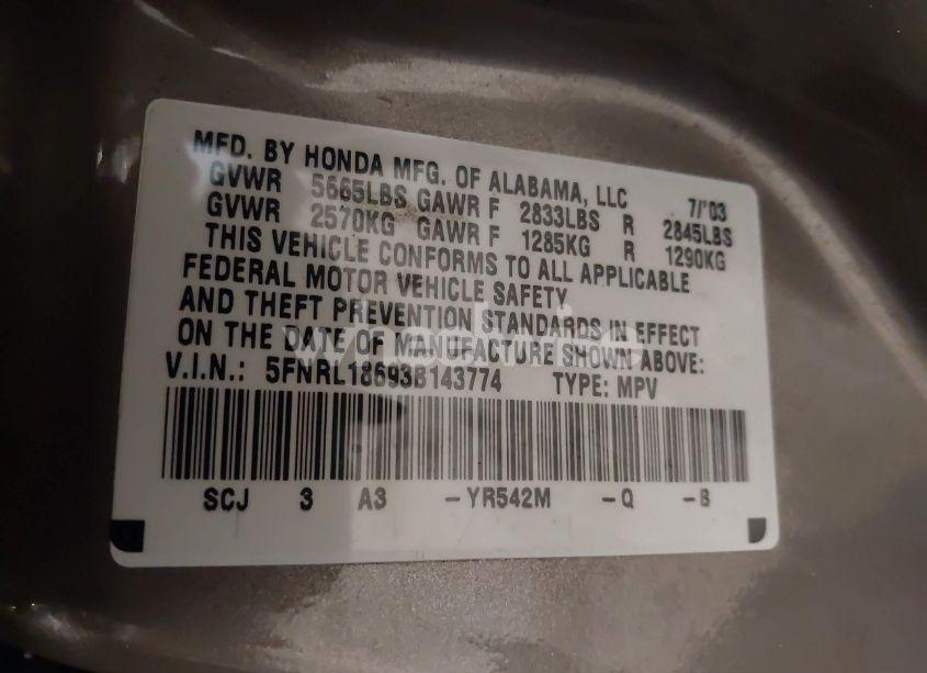 Photo 9 of 2003 Honda Odyssey EX (VIN 5FNRL18693B143774)