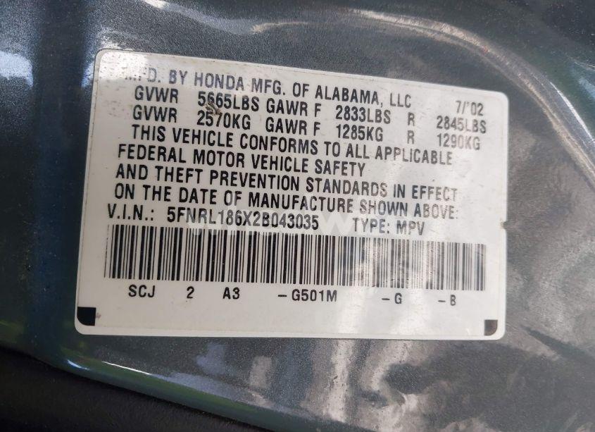 Photo 9 of 2002 Honda Odyssey EX (VIN 5FNRL186X2B043035)