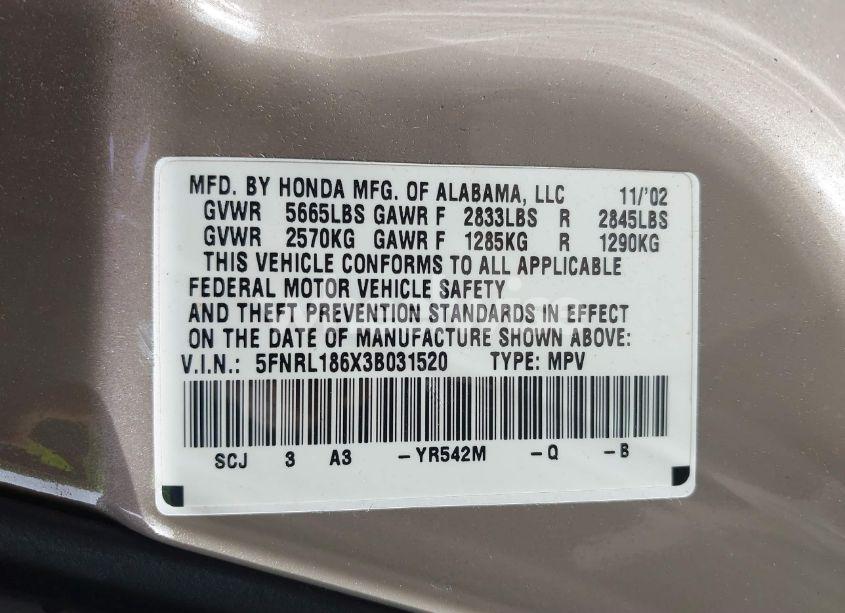 Photo 9 of 2003 Honda Odyssey EX (VIN 5FNRL186X3B031520)
