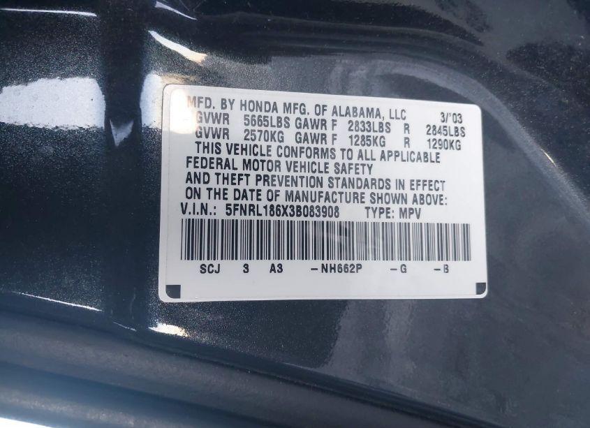 Photo 9 of 2003 Honda Odyssey EX (VIN 5FNRL186X3B083908)