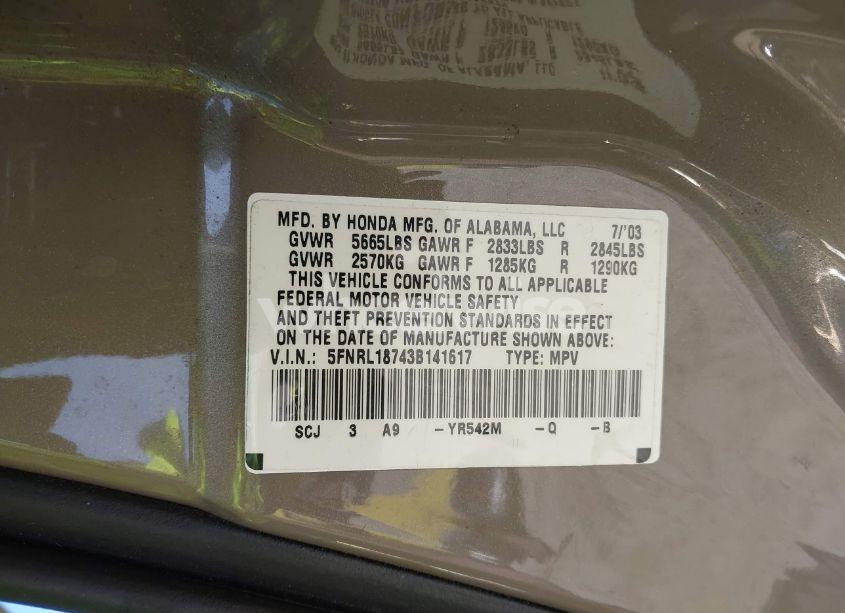 Photo 9 of 2003 Honda Odyssey EX-L (VIN 5FNRL18743B141617)