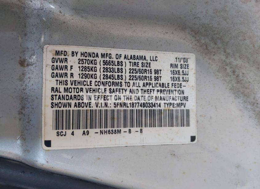 Photo 9 of 2004 Honda Odyssey EX-L (VIN 5FNRL18774B033414)