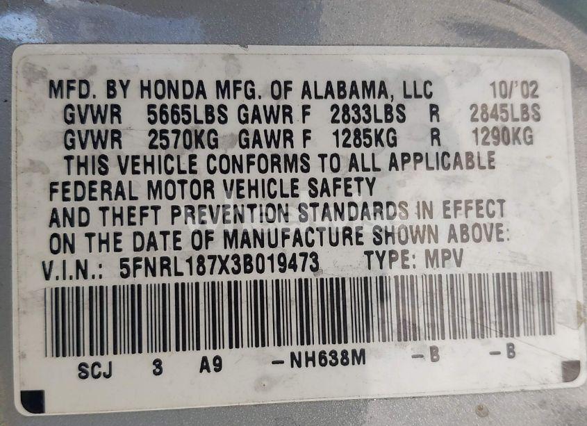 Photo 9 of 2003 Honda Odyssey EX-L (VIN 5FNRL187X3B019473)