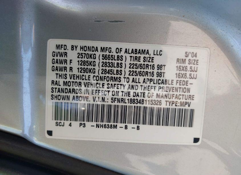 Photo 9 of 2004 Honda Odyssey EX (VIN 5FNRL18834B115326)