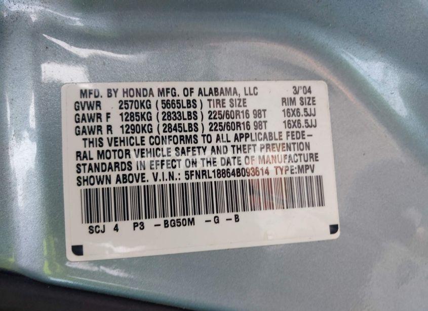 Photo 9 of 2004 Honda Odyssey EX (VIN 5FNRL18864B093614)