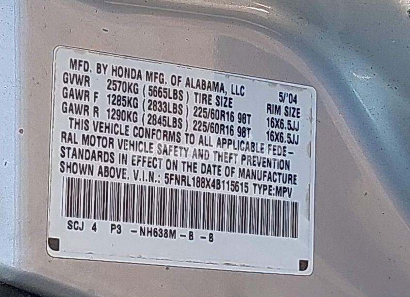 Photo 9 of 2004 Honda Odyssey EX (VIN 5FNRL188X4B115615)