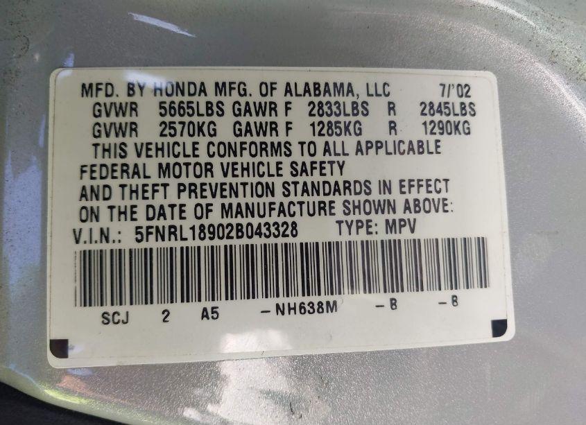 Photo 9 of 2002 Honda Odyssey EX-L (VIN 5FNRL18902B043328)