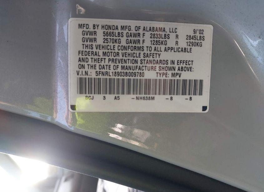 Photo 9 of 2003 Honda Odyssey EX-L (VIN 5FNRL18903B009780)