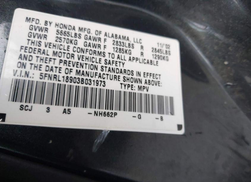 Photo 9 of 2003 Honda Odyssey EX-L (VIN 5FNRL18903B031973)