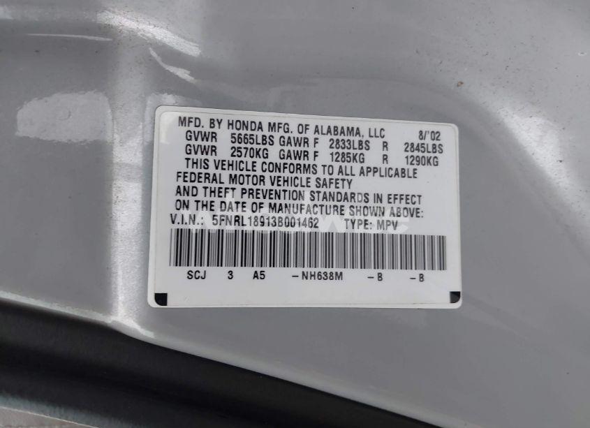 Photo 9 of 2003 Honda Odyssey EX-L (VIN 5FNRL18913B001462)