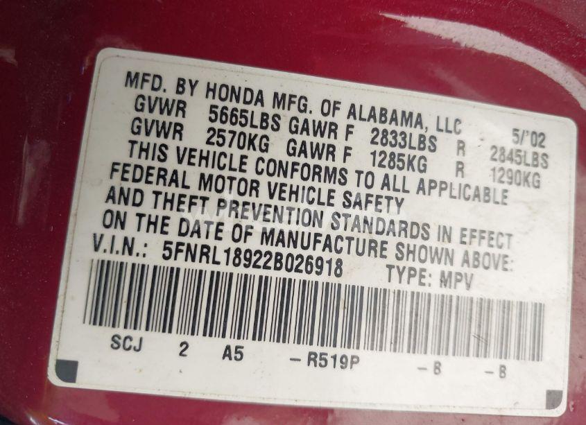 Photo 9 of 2002 Honda Odyssey EX-L (VIN 5FNRL18922B026918)