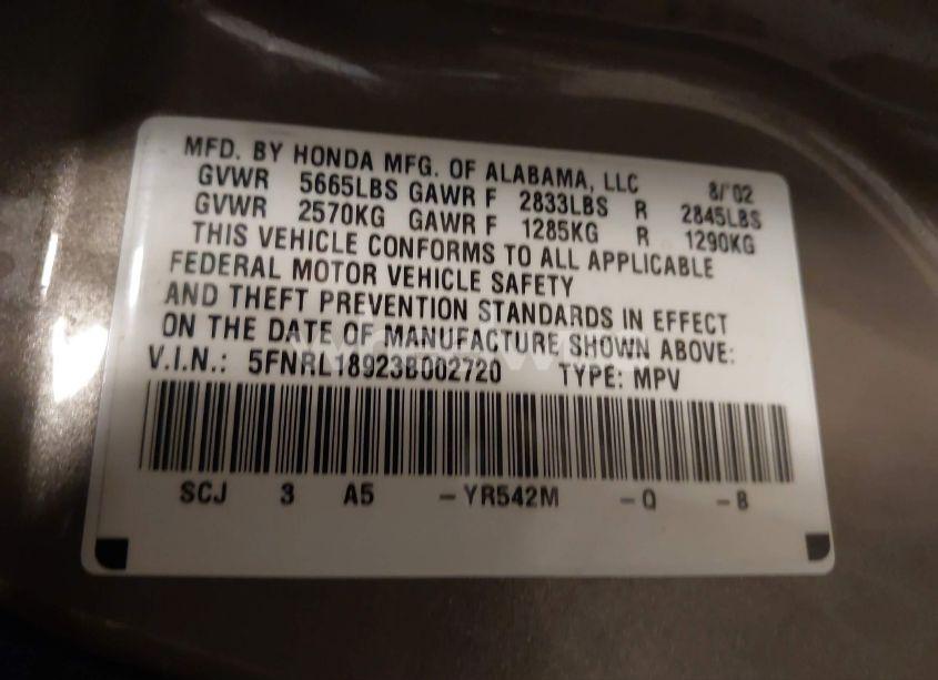 Photo 9 of 2003 Honda Odyssey EX-L (VIN 5FNRL18923B002720)