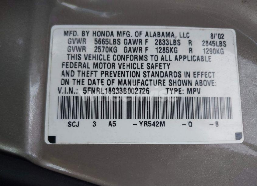 Photo 9 of 2003 Honda Odyssey EX-L (VIN 5FNRL18933B002726)