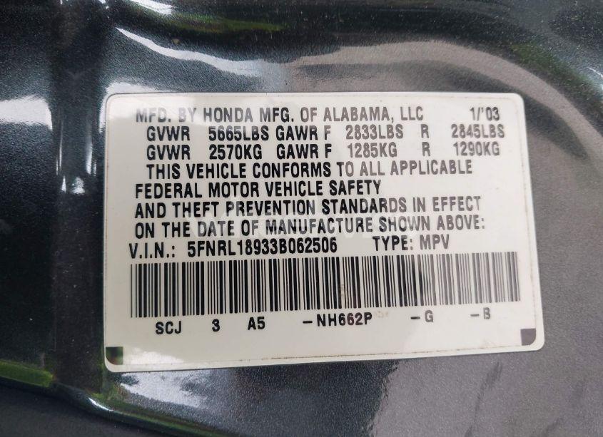 Photo 9 of 2003 Honda Odyssey EX-L (VIN 5FNRL18933B062506)