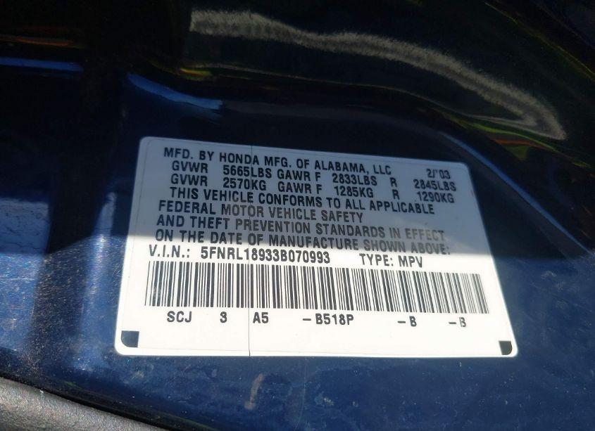 Photo 9 of 2003 Honda Odyssey EX-L (VIN 5FNRL18933B070993)