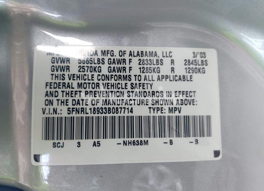 Photo 9 of 2003 Honda Odyssey EX-L (VIN 5FNRL18933B087714)