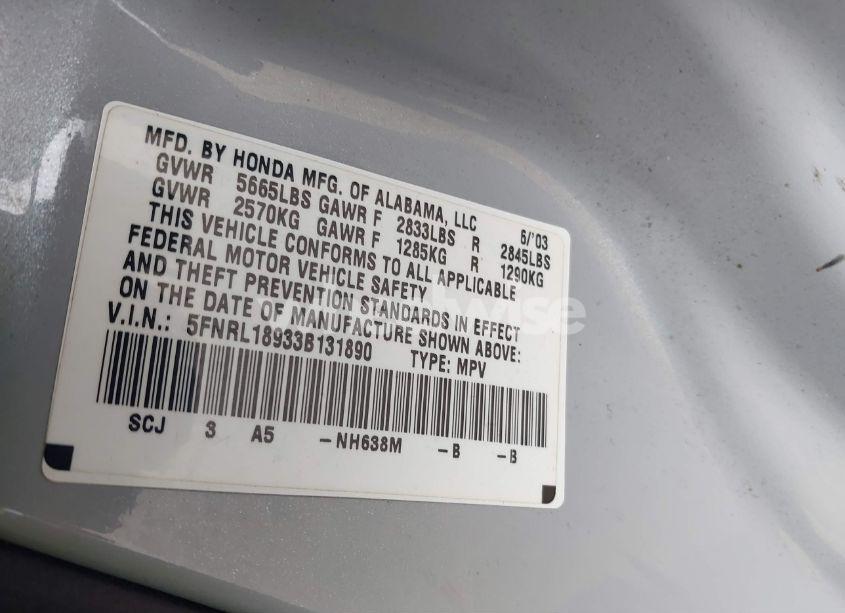 Photo 9 of 2003 Honda Odyssey EX-L (VIN 5FNRL18933B131890)