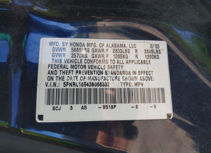 Photo 9 of 2003 Honda Odyssey EX-L (VIN 5FNRL18943B068332)