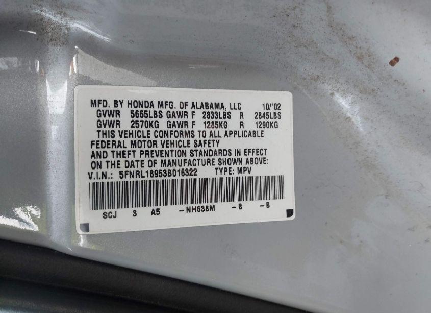 Photo 9 of 2003 Honda Odyssey EX-L (VIN 5FNRL18953B016322)