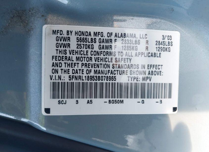 Photo 9 of 2003 Honda Odyssey EX-L (VIN 5FNRL18953B078965)