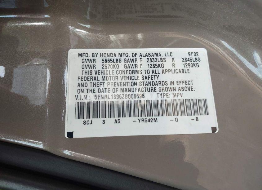 Photo 9 of 2003 Honda Odyssey EX-L (VIN 5FNRL18963B008696)