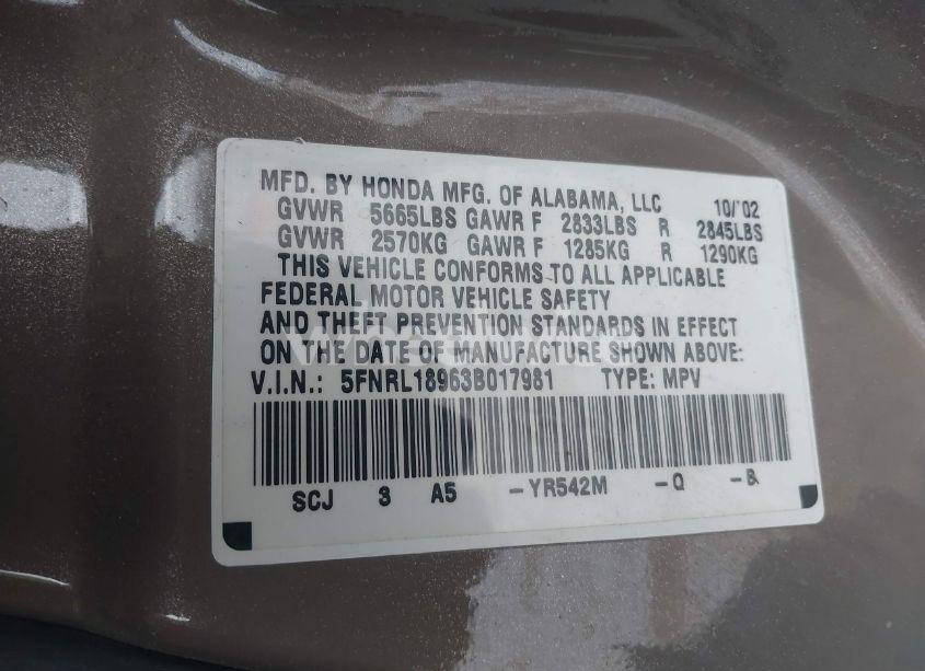 Photo 9 of 2003 Honda Odyssey EX-L (VIN 5FNRL18963B017981)