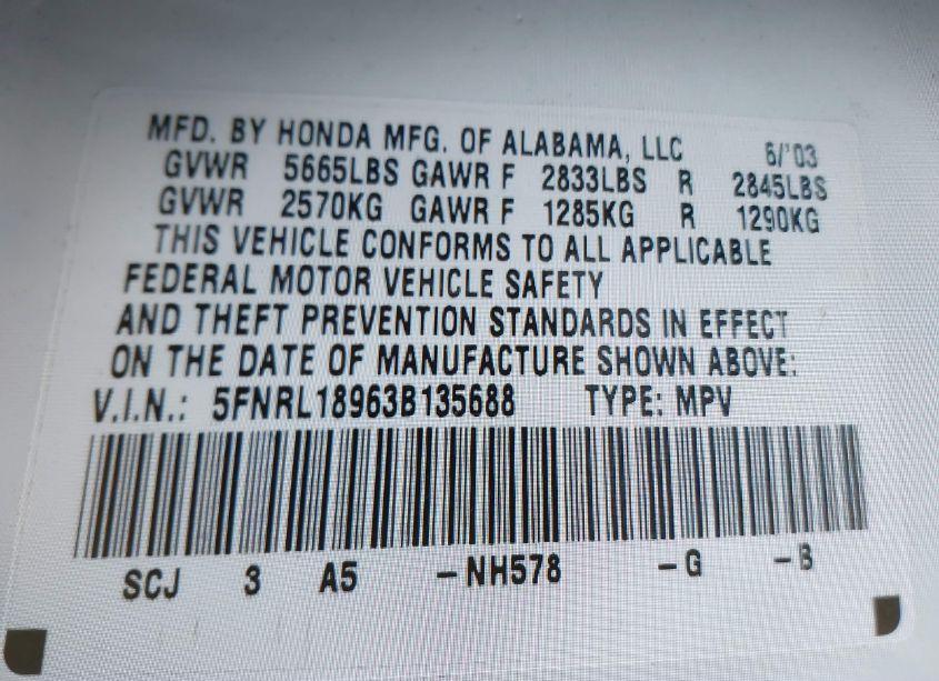 Photo 9 of 2003 Honda Odyssey EX-L (VIN 5FNRL18963B135688)