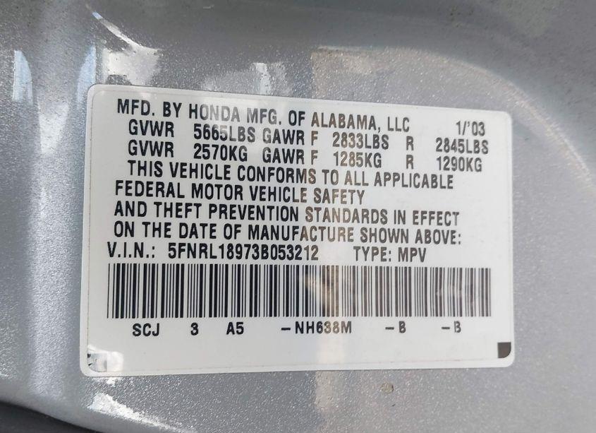 Photo 9 of 2003 Honda Odyssey EX-L (VIN 5FNRL18973B053212)