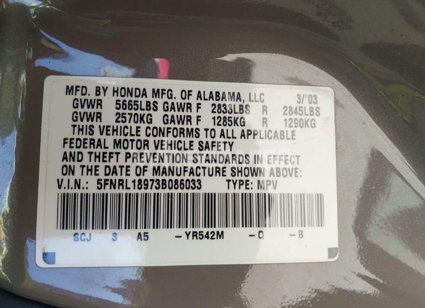 Photo 9 of 2003 Honda Odyssey EX-L (VIN 5FNRL18973B086033)