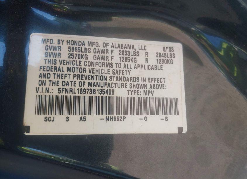 Photo 9 of 2003 Honda Odyssey EX-L (VIN 5FNRL18973B135408)