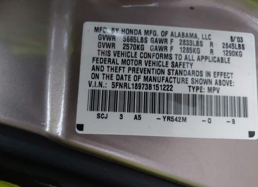 Photo 9 of 2003 Honda Odyssey EX-L (VIN 5FNRL18973B151222)