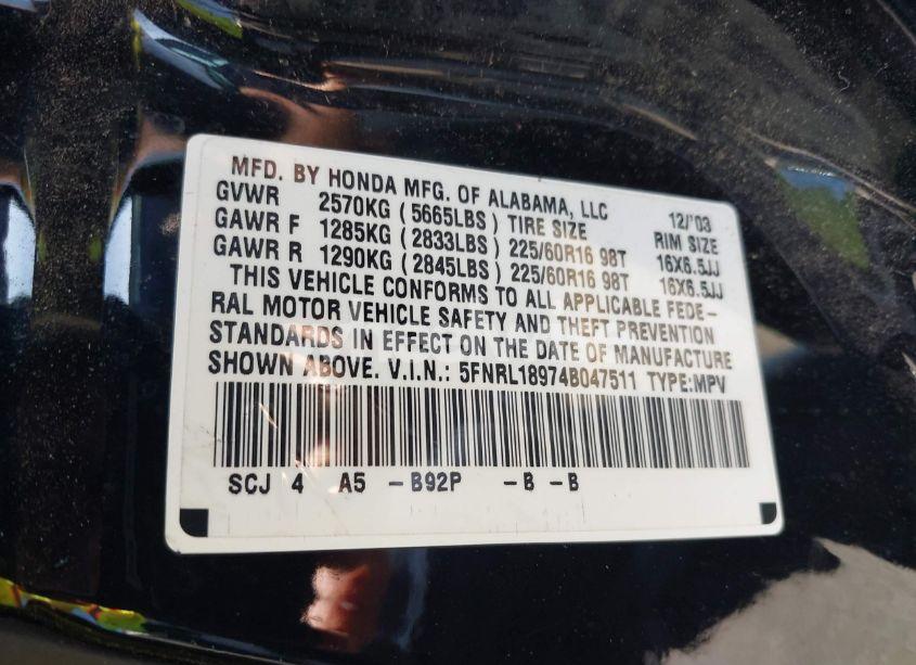 Photo 9 of 2004 Honda Odyssey EX-L (VIN 5FNRL18974B047511)